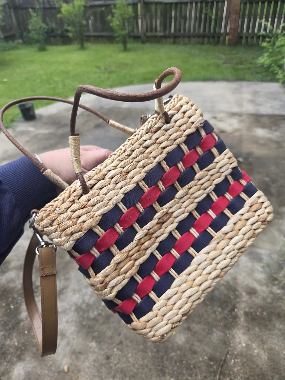 Woven Straw Crossbody Bag with Navy & Red Accents